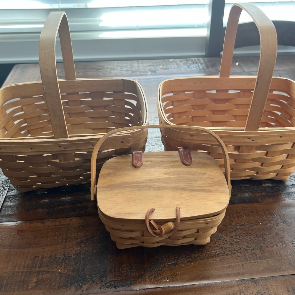 Set of 3 Woven Wood Basket Pique-Nique Style - Natural Tan